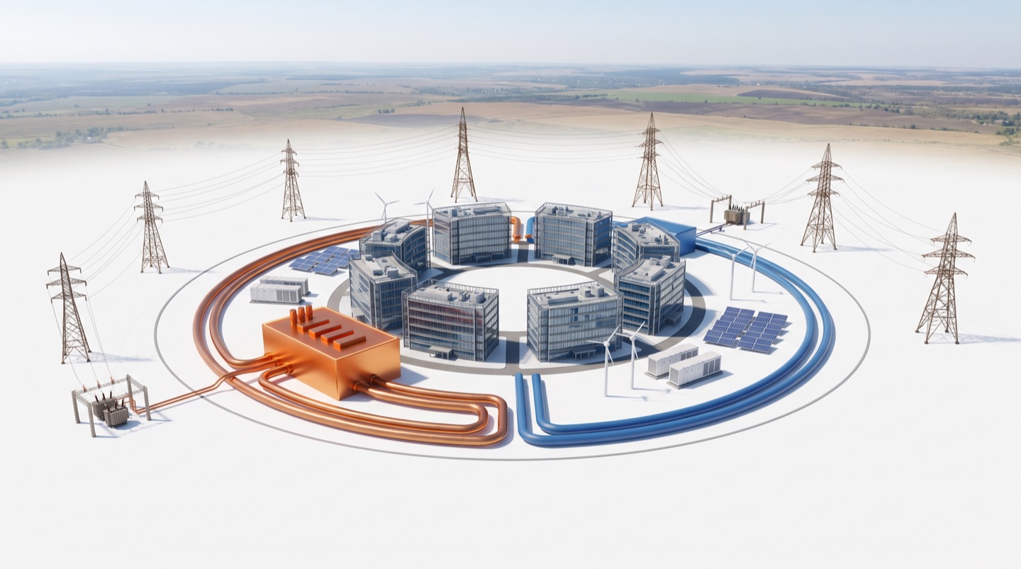 A self-contained AI factory campus enclosed in a copper power ring and a blue closed-loop cooling ring