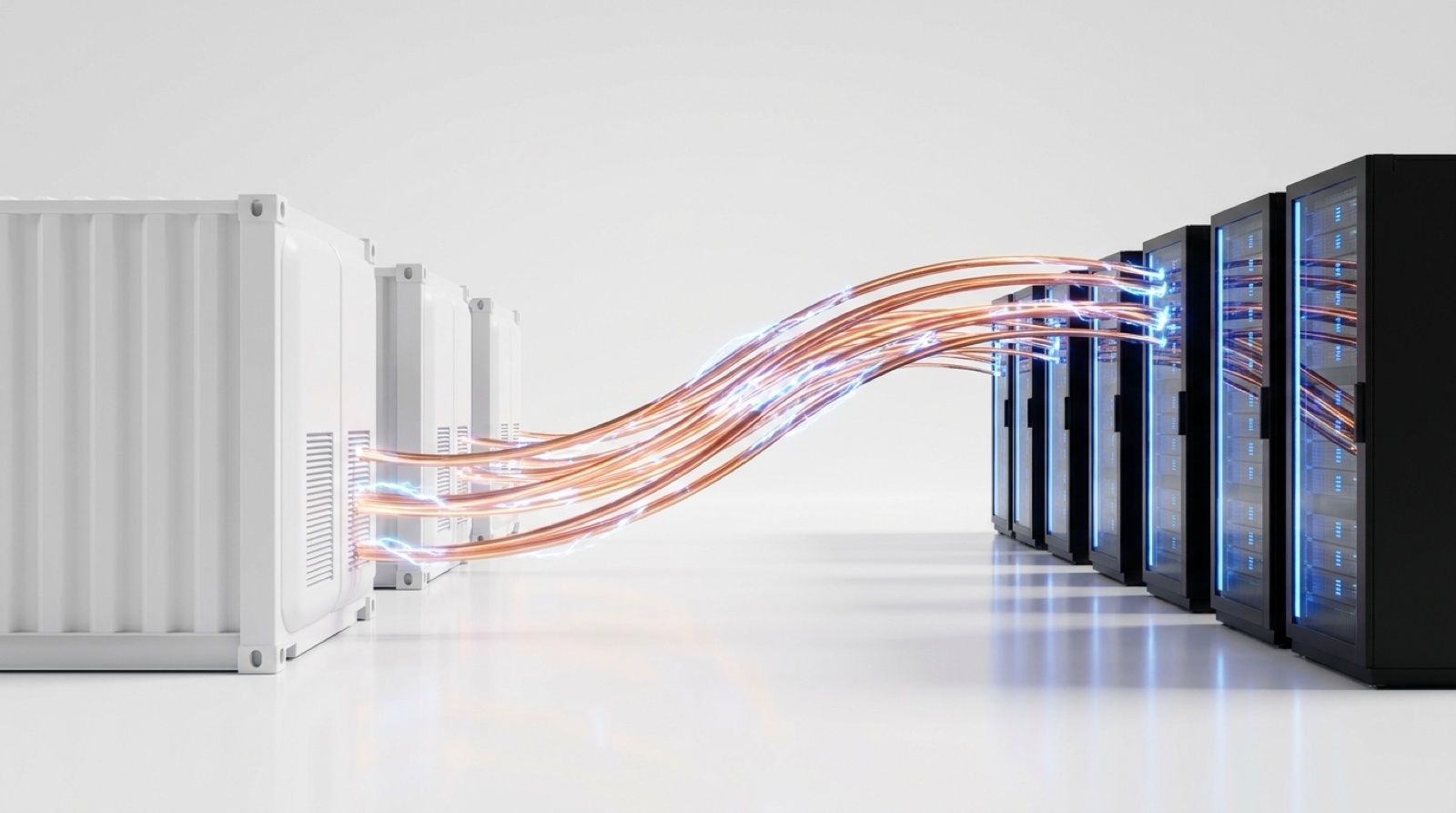 Utility-scale battery storage containers feeding copper streams of power into blue-lit AI data center racks
