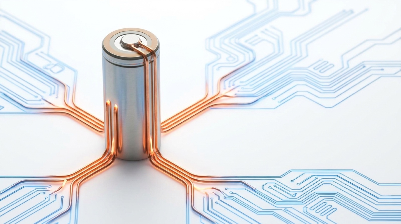 One battery cell with five copper current paths branching into blue circuitry
