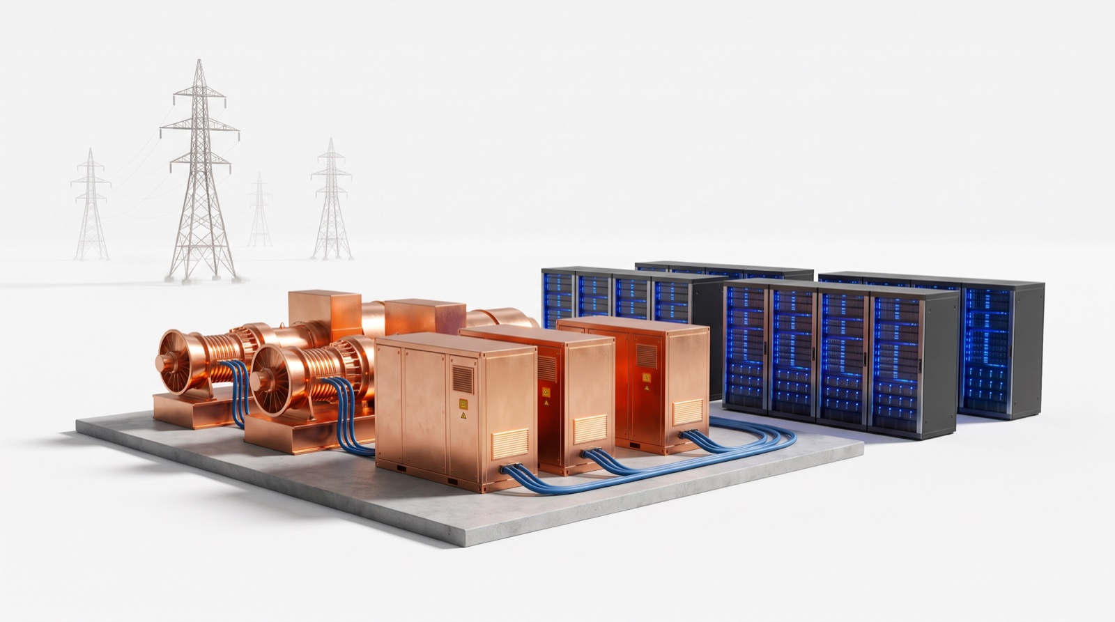 On-site generation wired straight into racks while distant grid towers fade, why the grid stopped being the fast path