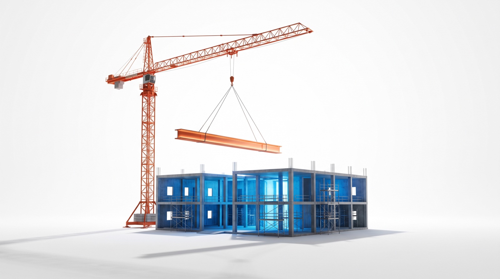 Tower crane lifting a copper beam over an unfinished AI data hall: construction cost as a CFO problem