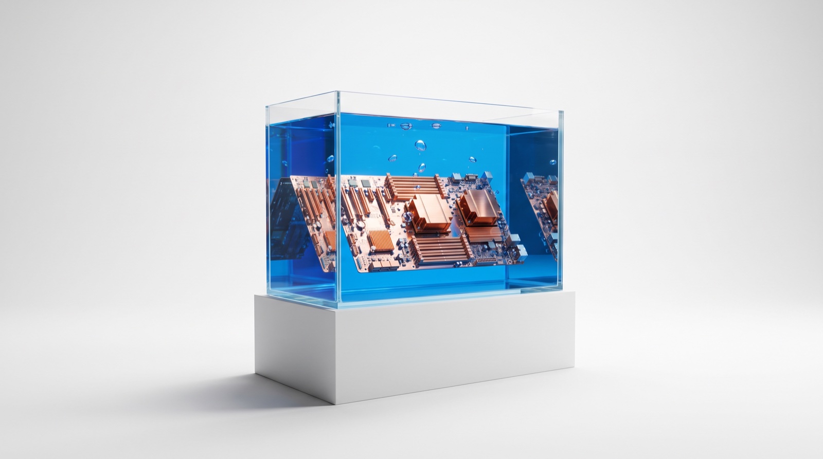An immersion tank with copper boards in blue fluid, chasing 1.1 PUE