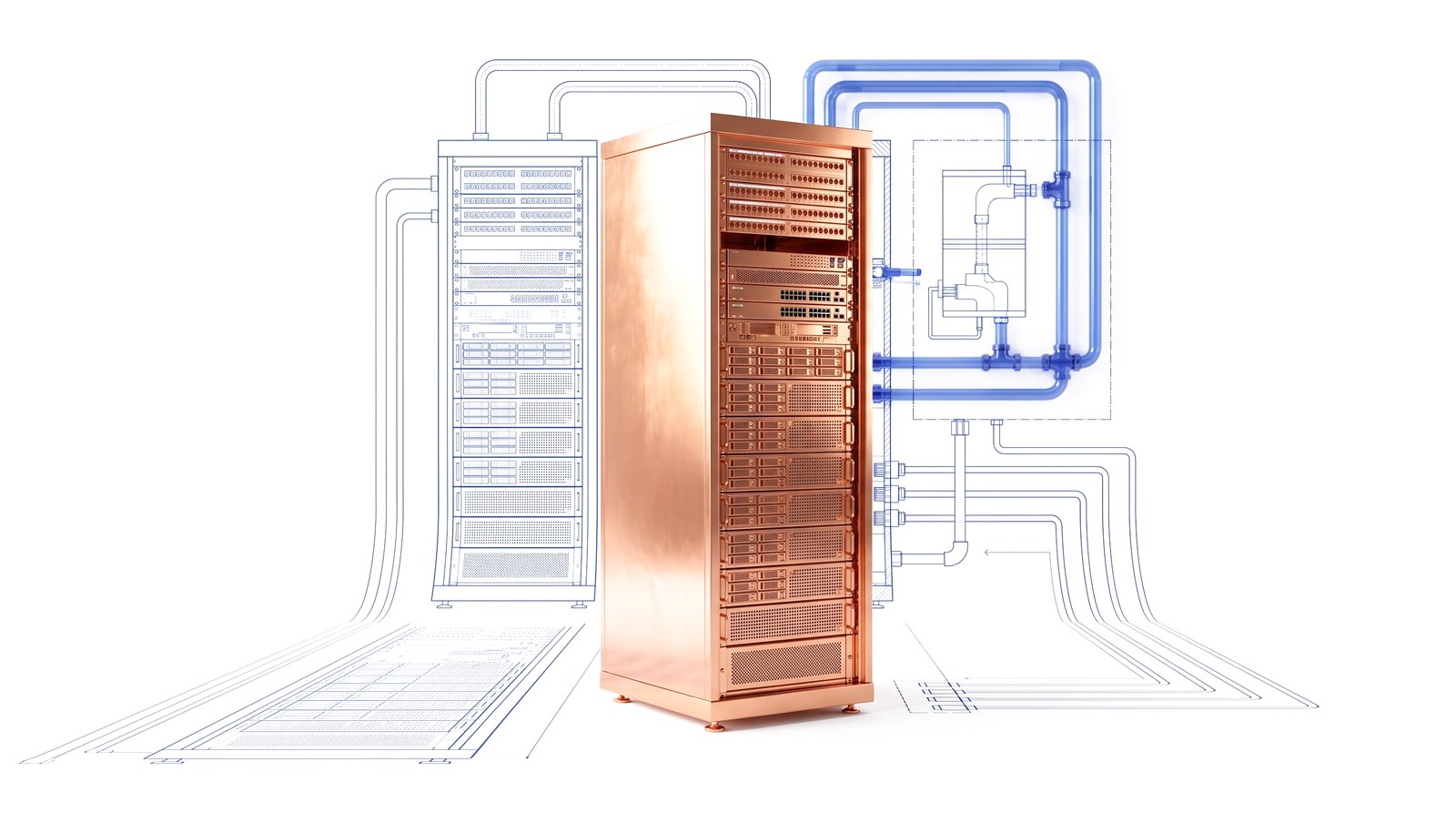 Polished copper server rack with blue cooling pipes and data hall outline