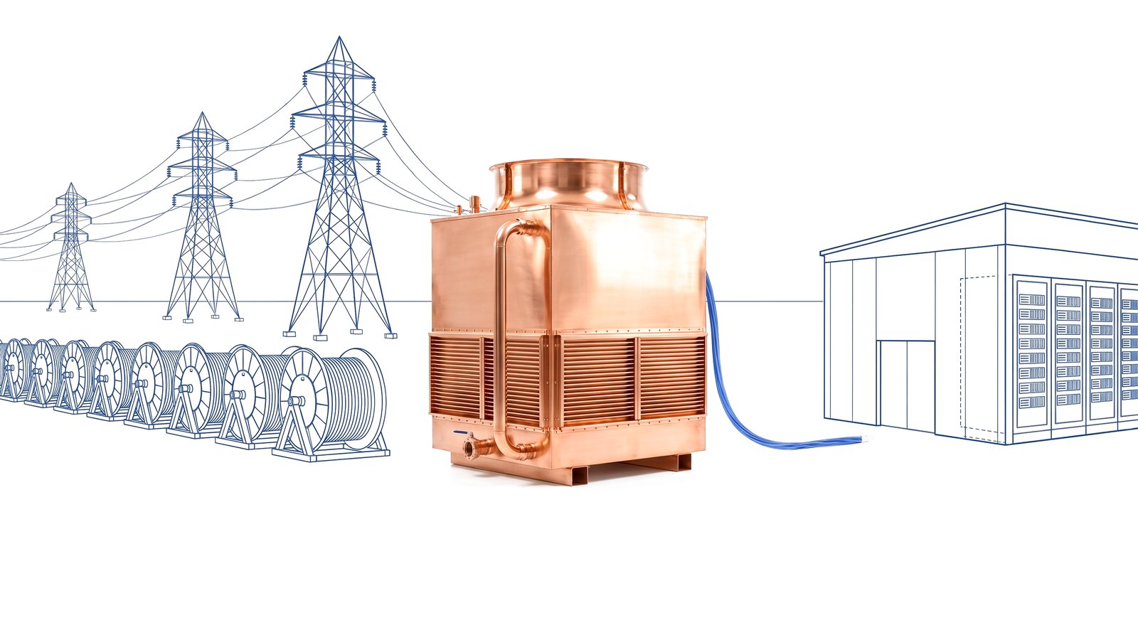 Polished copper cooling tower with blue transmission lines and data center outline