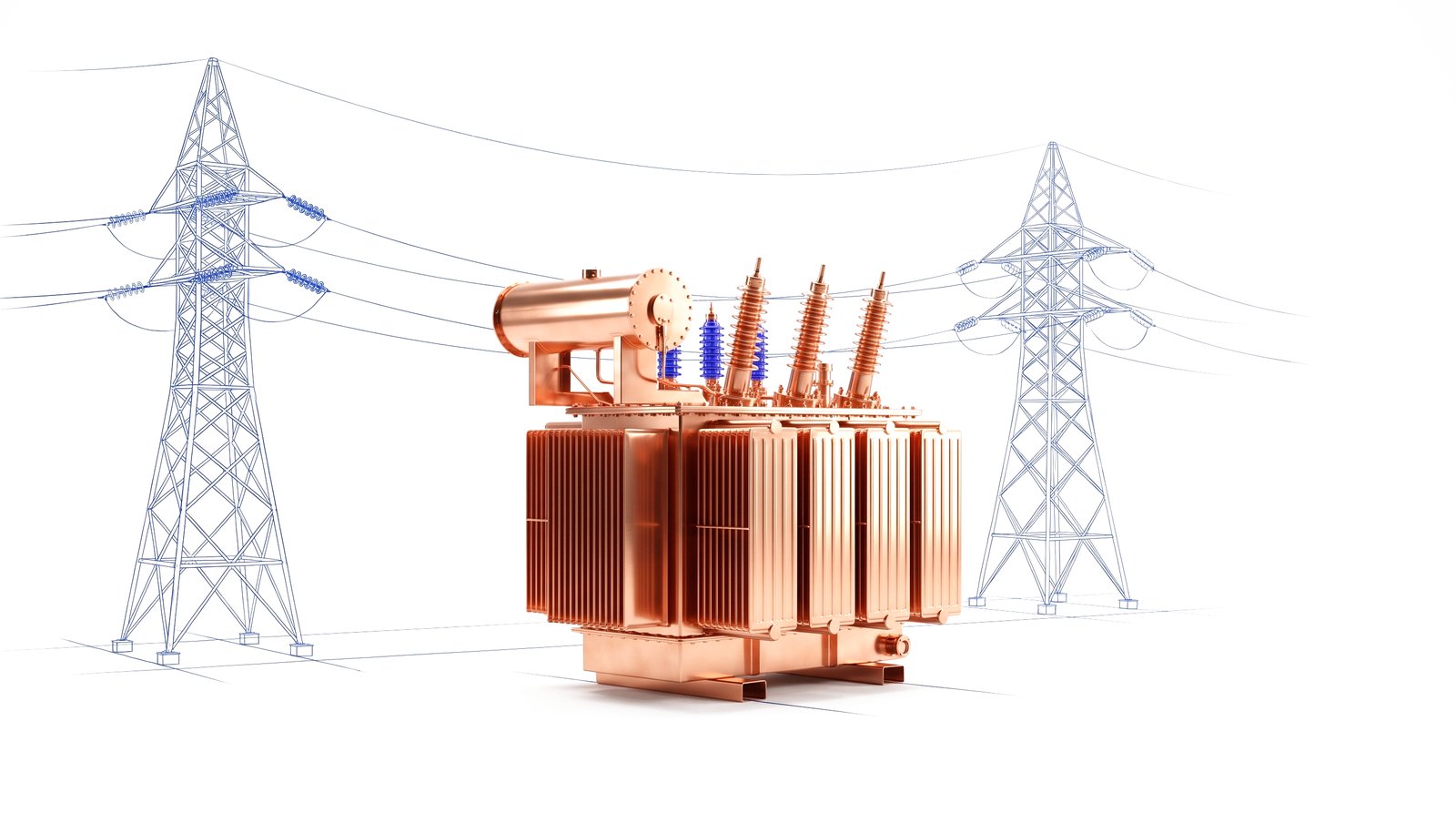 Copper transformer with blue transmission lines