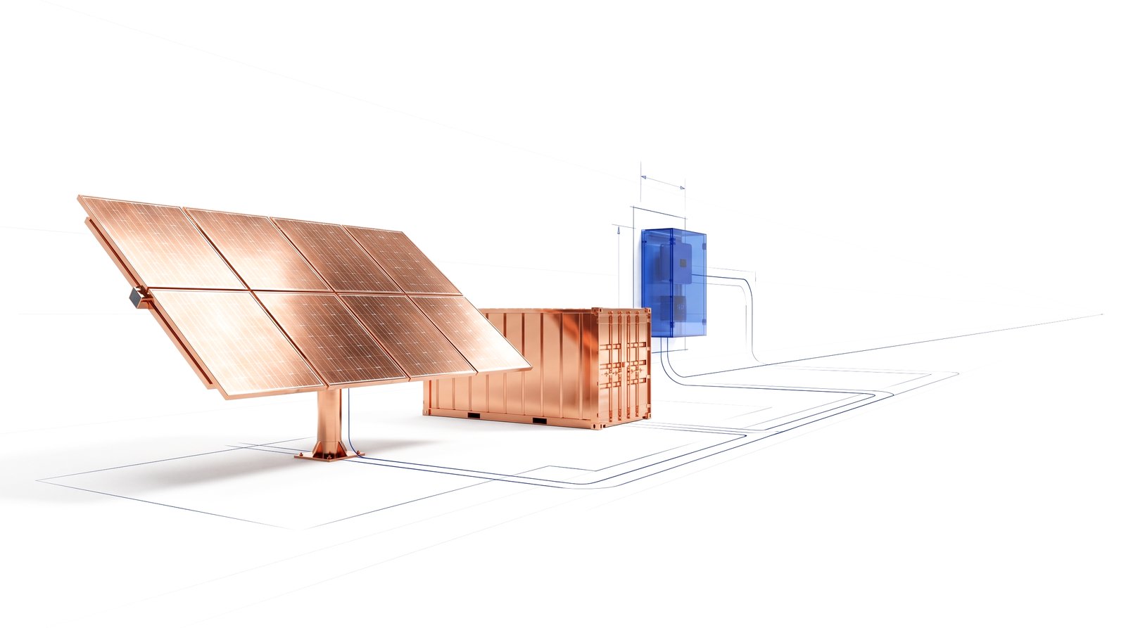 Solar array and battery with wind turbine in blueprint