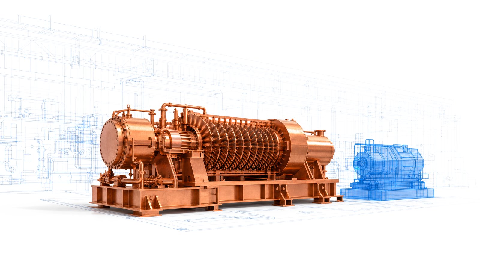 A steam turbine in copper with blueprint linework
