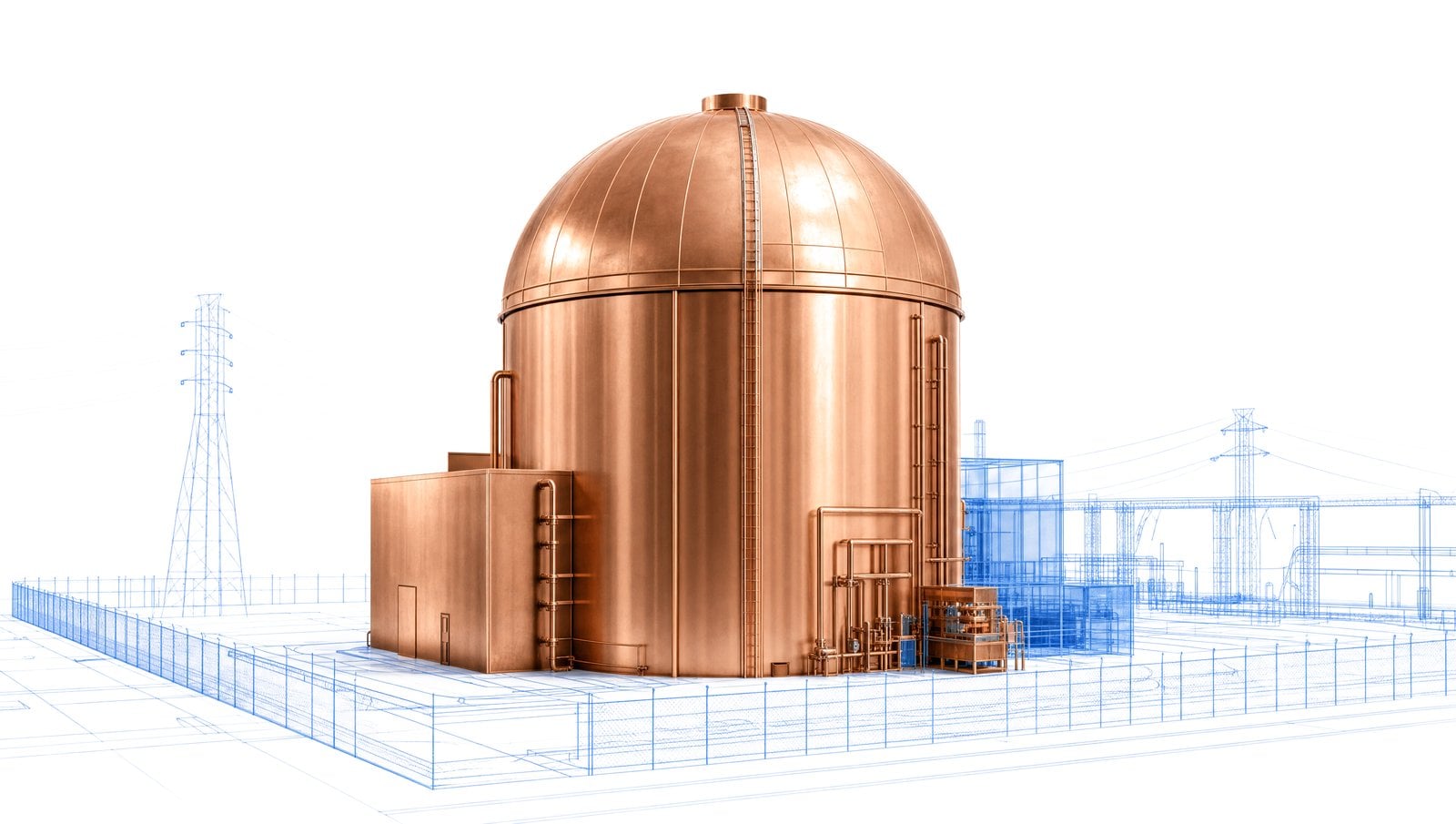 A reactor containment building in copper with blueprint linework
