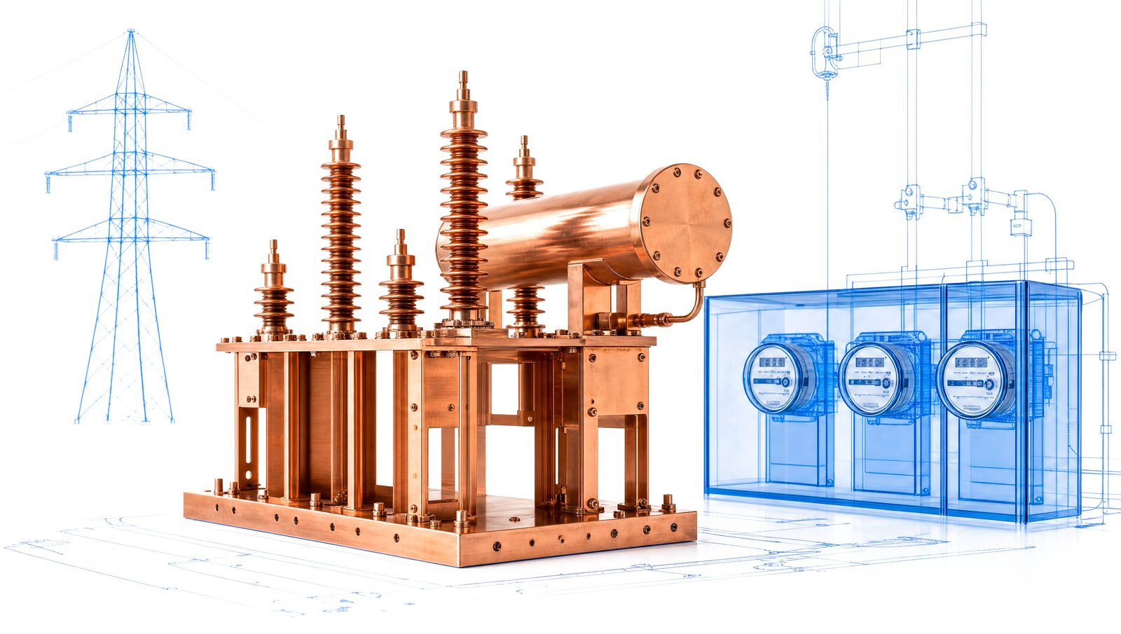A grid interconnection point in copper with blueprint transmission lines