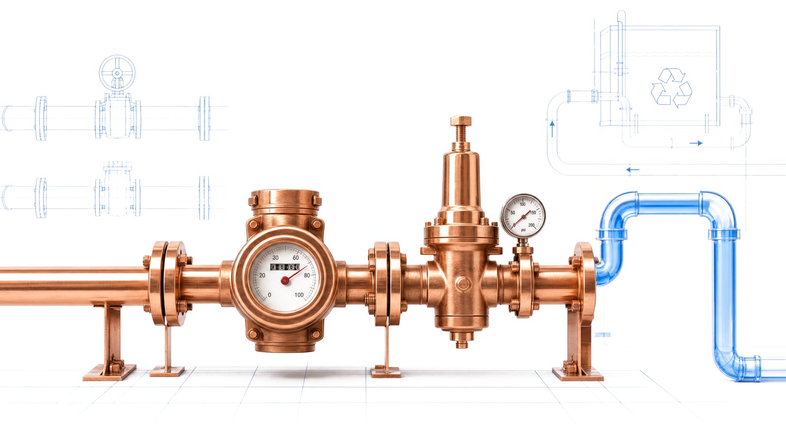 Water meter and pressure regulator with connected piping on a white floor, surrounded by blue site water loop linework