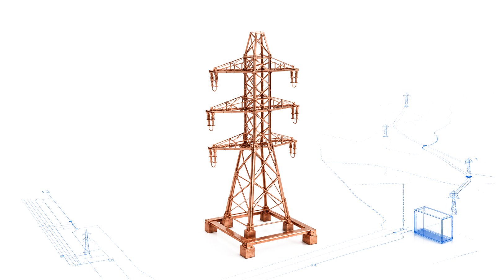 Steel transmission tower in copper finish on white floor, with blue interregional transmission corridor linework