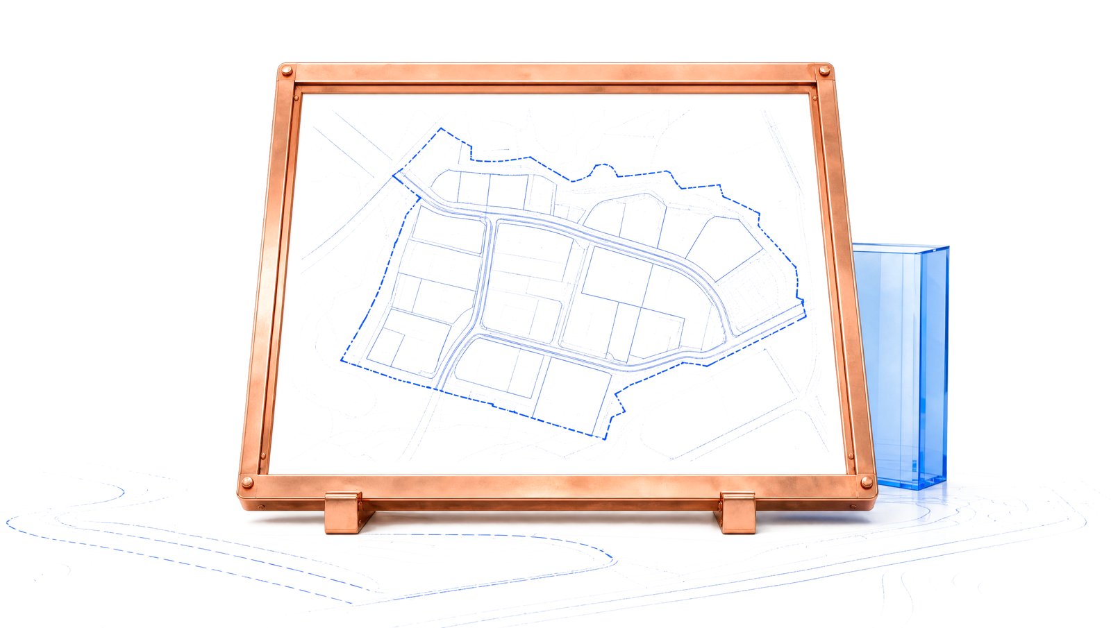 Zoning site plan print in copper on white floor, with blue parcel and jurisdictional boundary linework