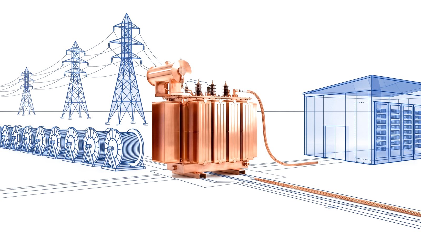 Polished copper transformer with blue transmission lines