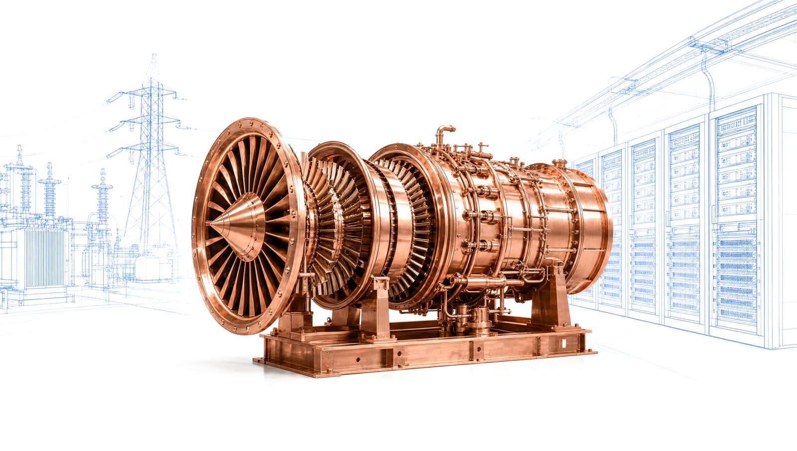 Copper gas turbine with transmission lines and data hall blueprint behind