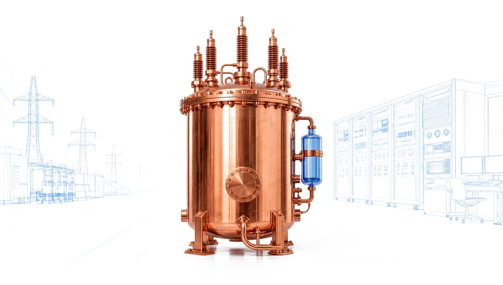 Copper nuclear reactor vessel with control room and grid blueprint behind