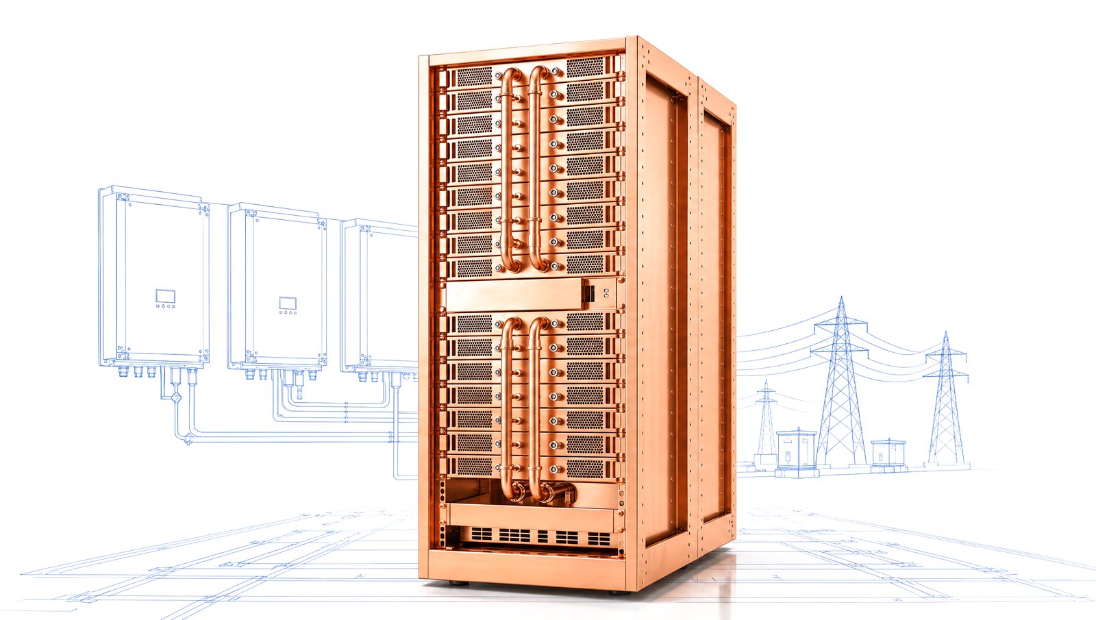 Three copper battery containers with inverter and grid lines blueprint behind