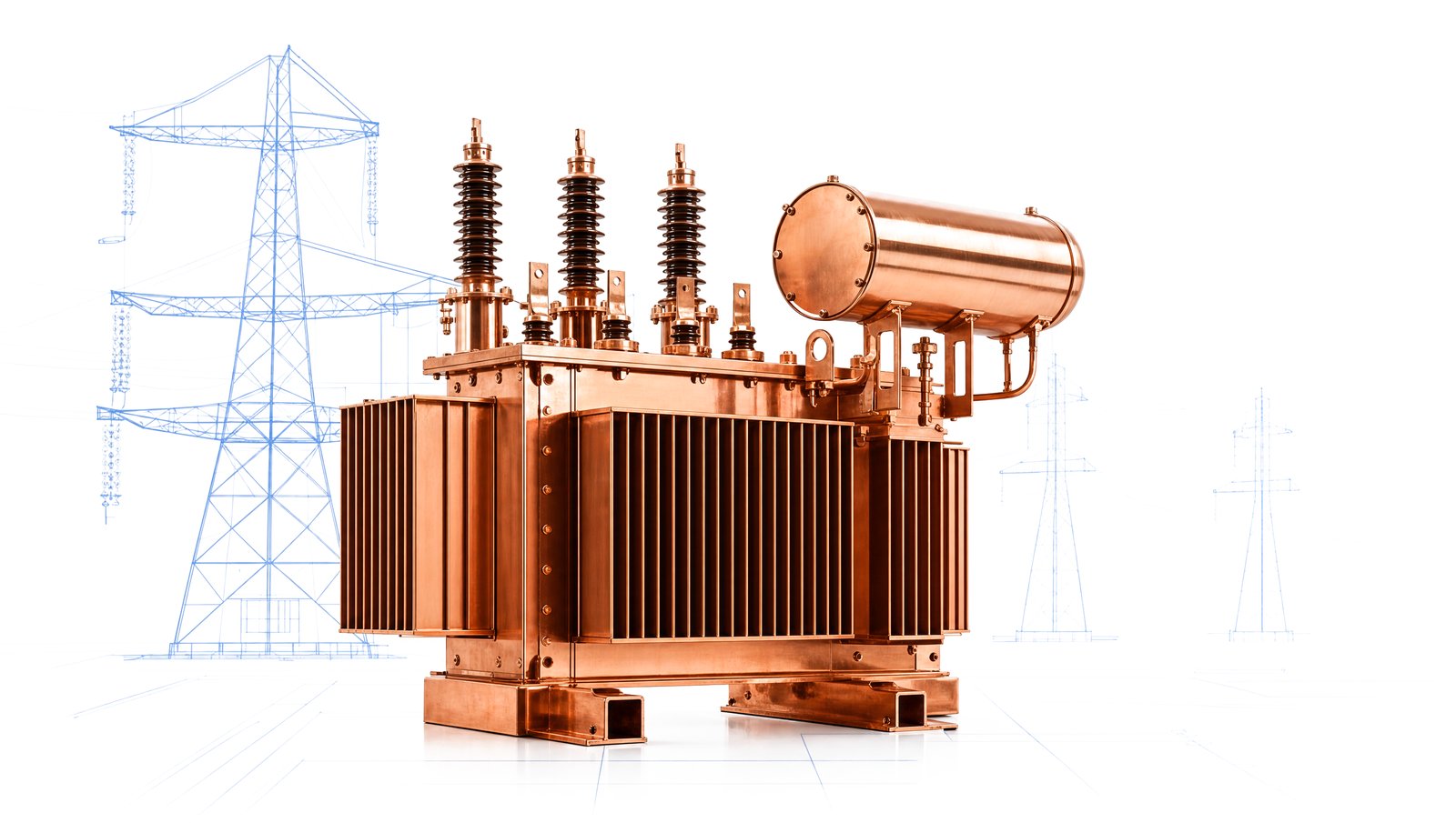 A polished copper transformer sits on a white floor, with blue lines representing transmission towers stretching behind.