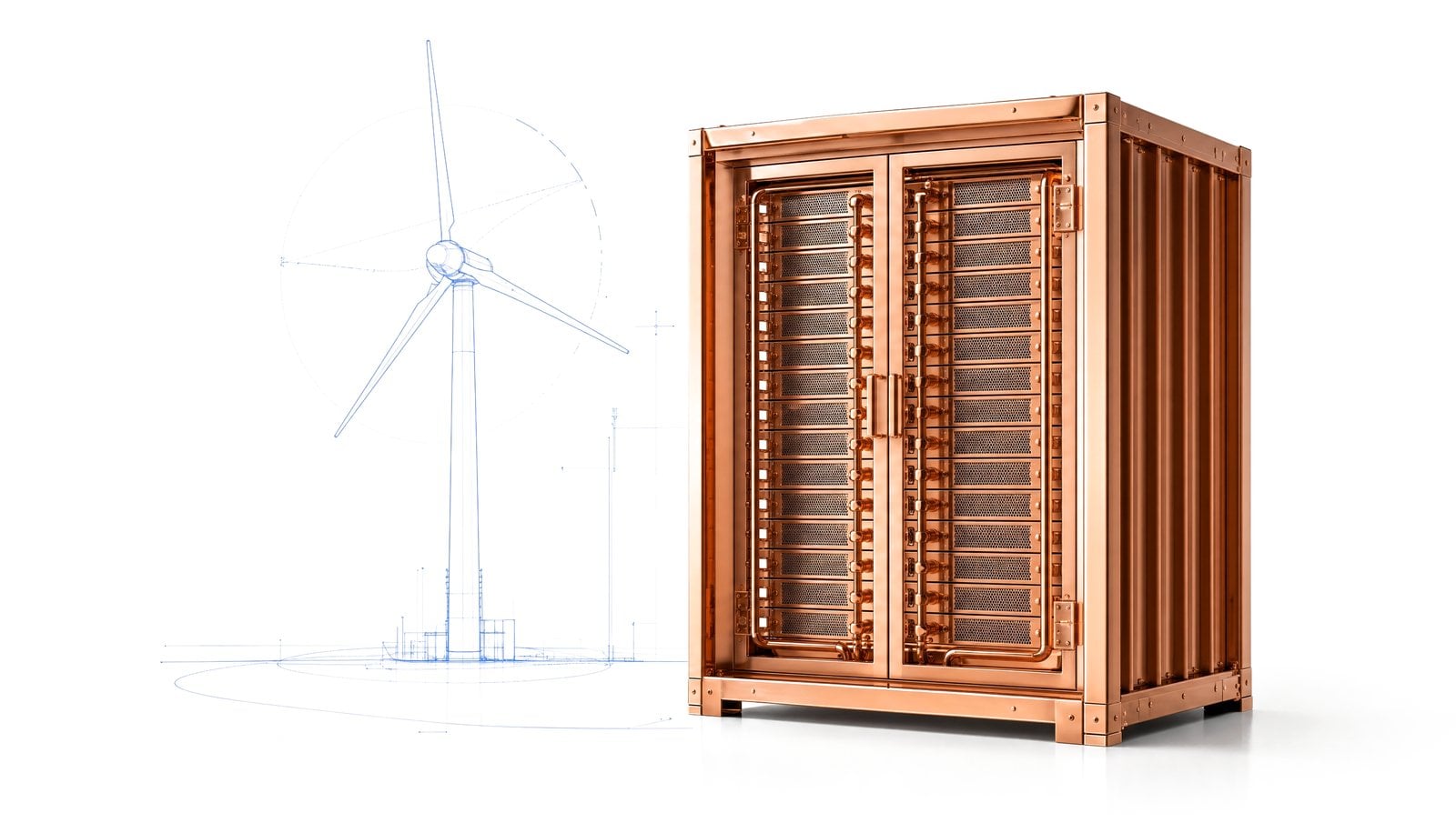 A copper battery container stands next to a blue outline of a wind turbine on a white floor.