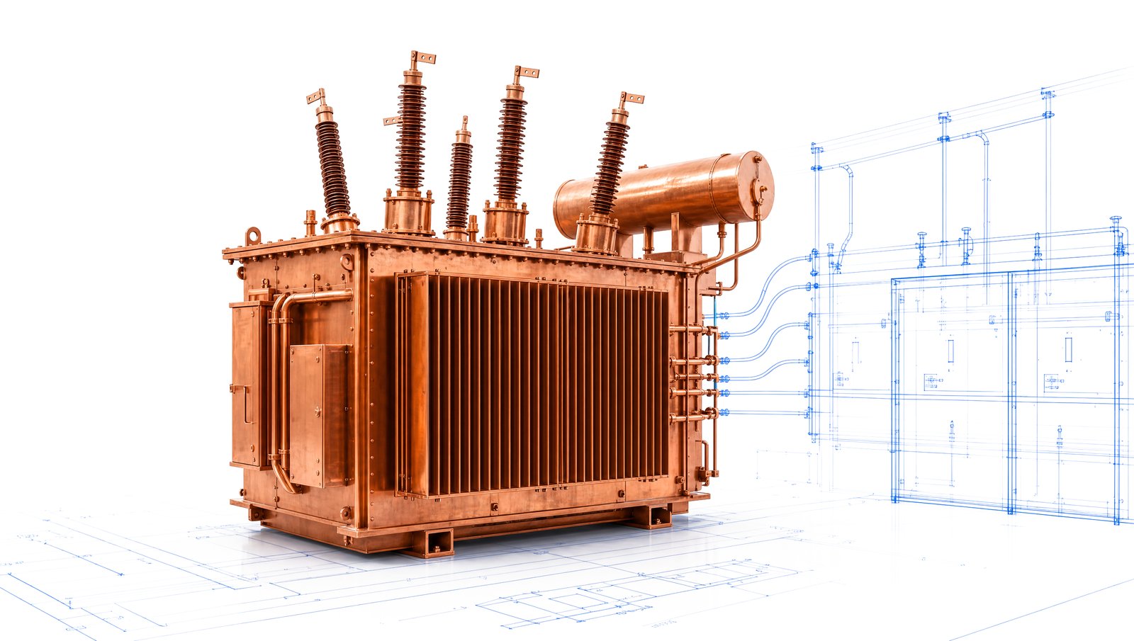 A copper substation is depicted on a white floor, with blue lines illustrating interconnection processes.