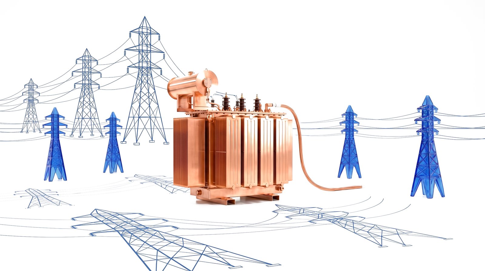 Copper transformer with blue transmission towers