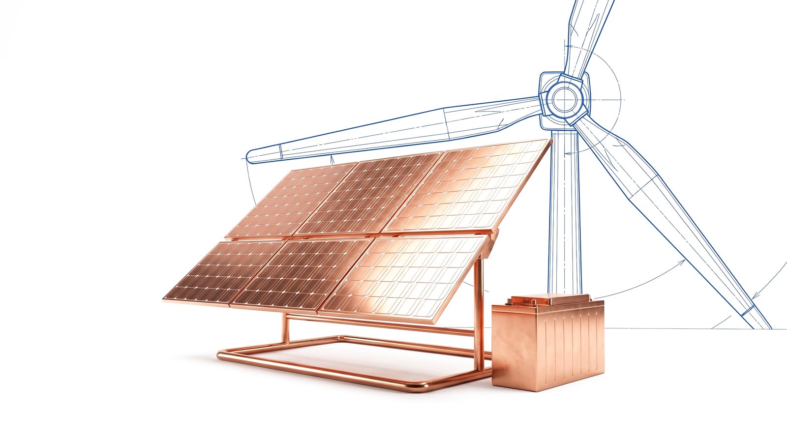 Solar array, battery, and wind turbine in blueprint style