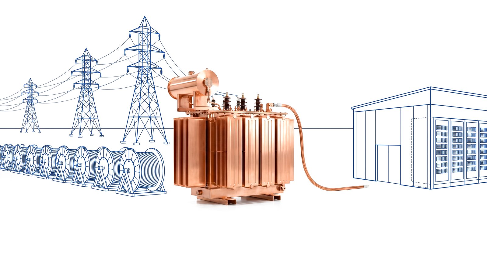 A copper transformer with blue transmission towers and a queue of cable reels behind it