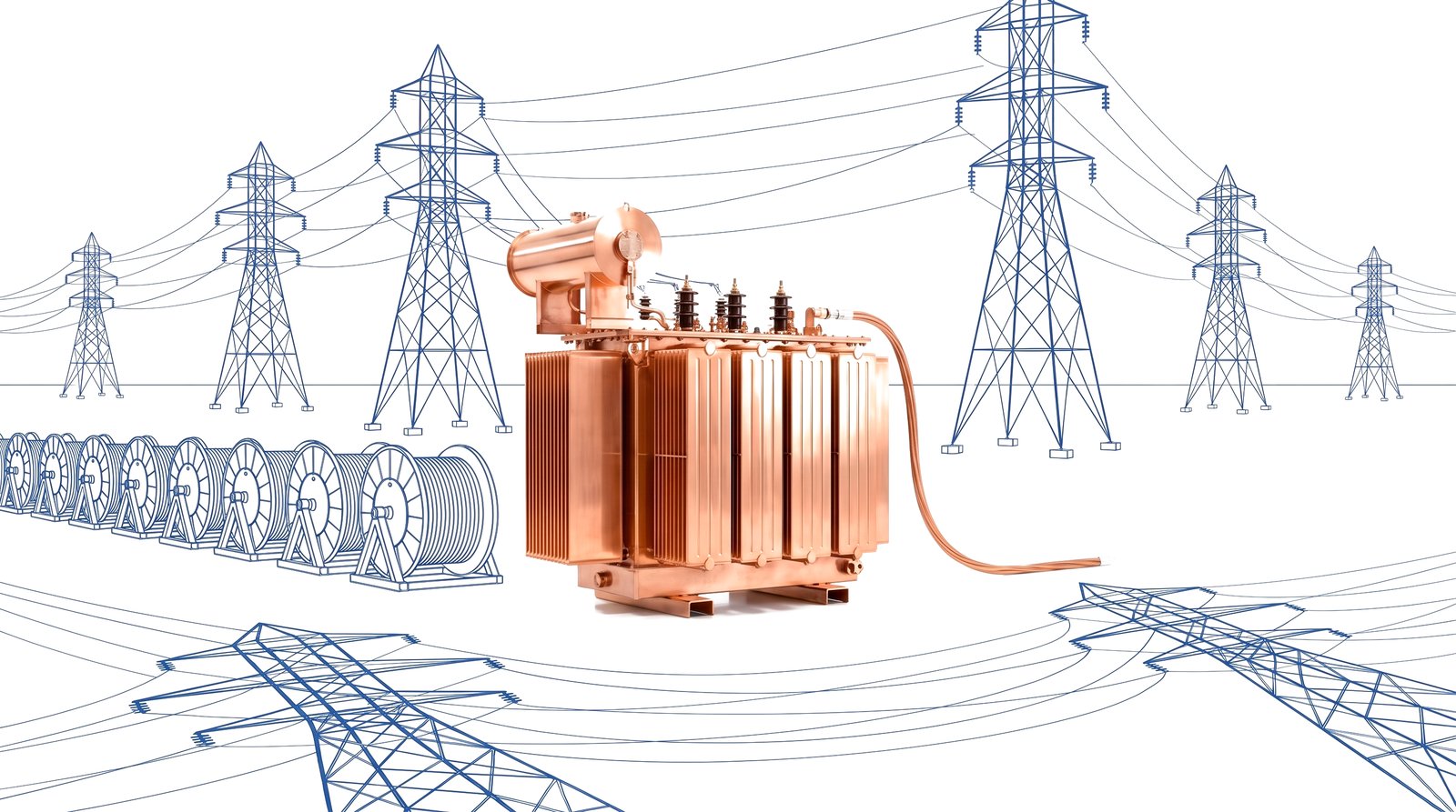 Copper transformer with blue transmission lines