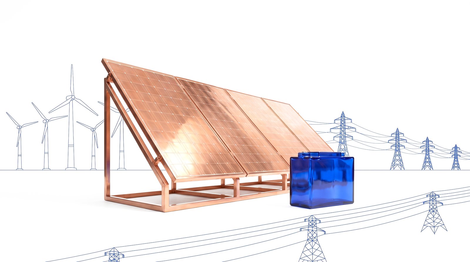 Solar array and battery with wind turbines and grid lines