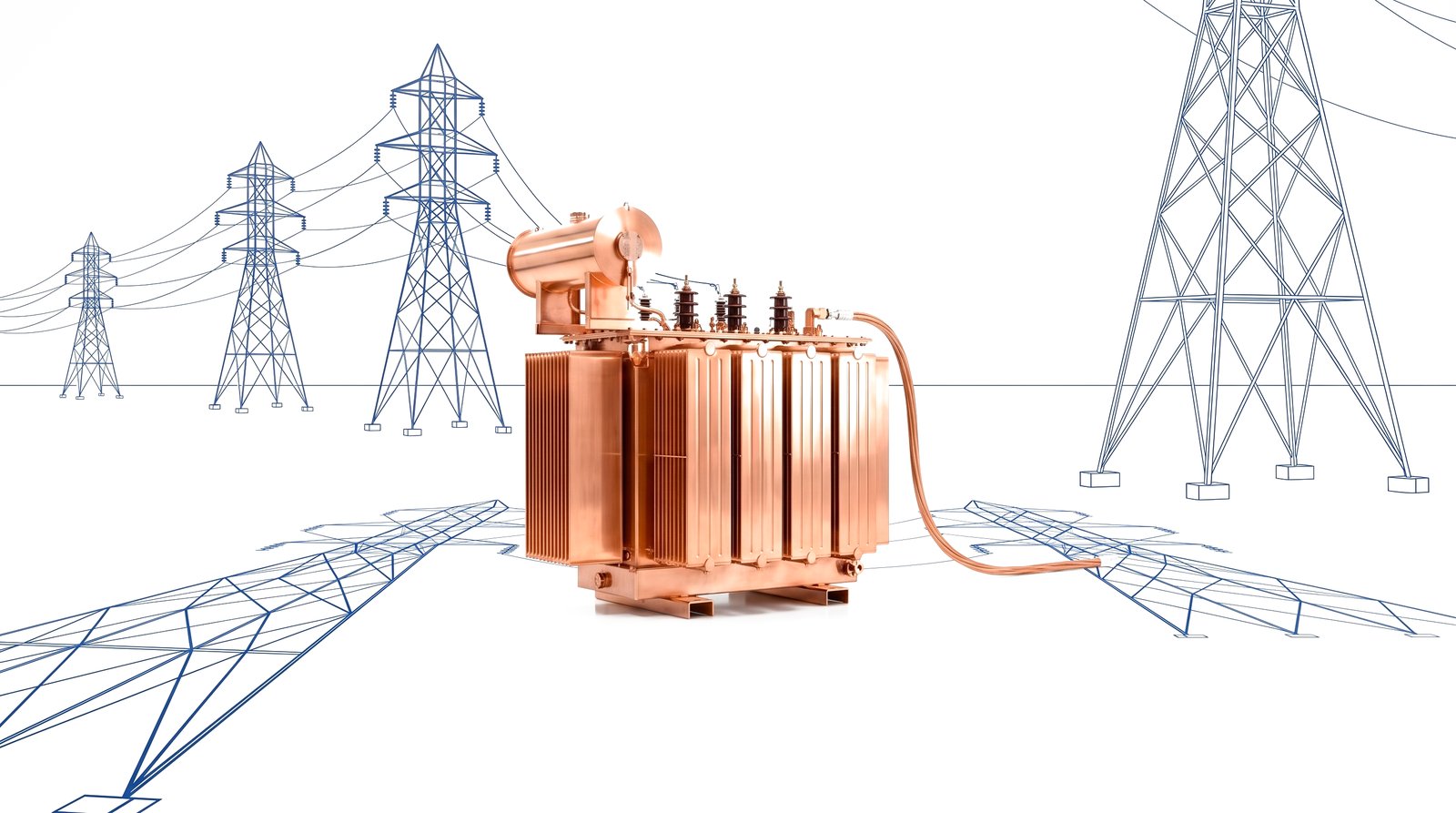 A copper transformer with cobalt-blue transmission lines in the background.
