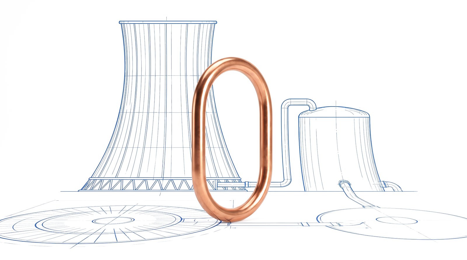 A copper water loop with a blue cooling tower and tank.