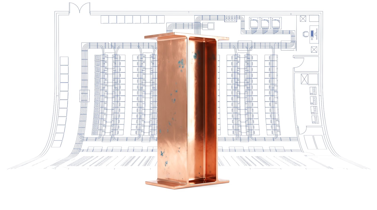 A copper beam showing corrosion with a blueprint floor plan.