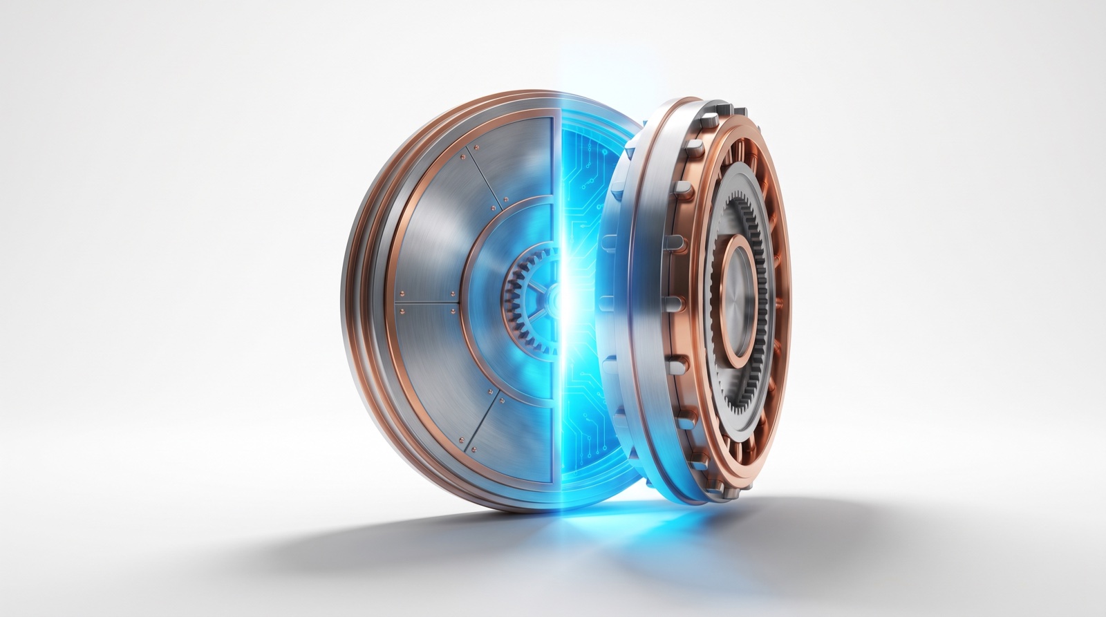 A vault door opening onto blue compute light, defense AI infrastructure built for custody
