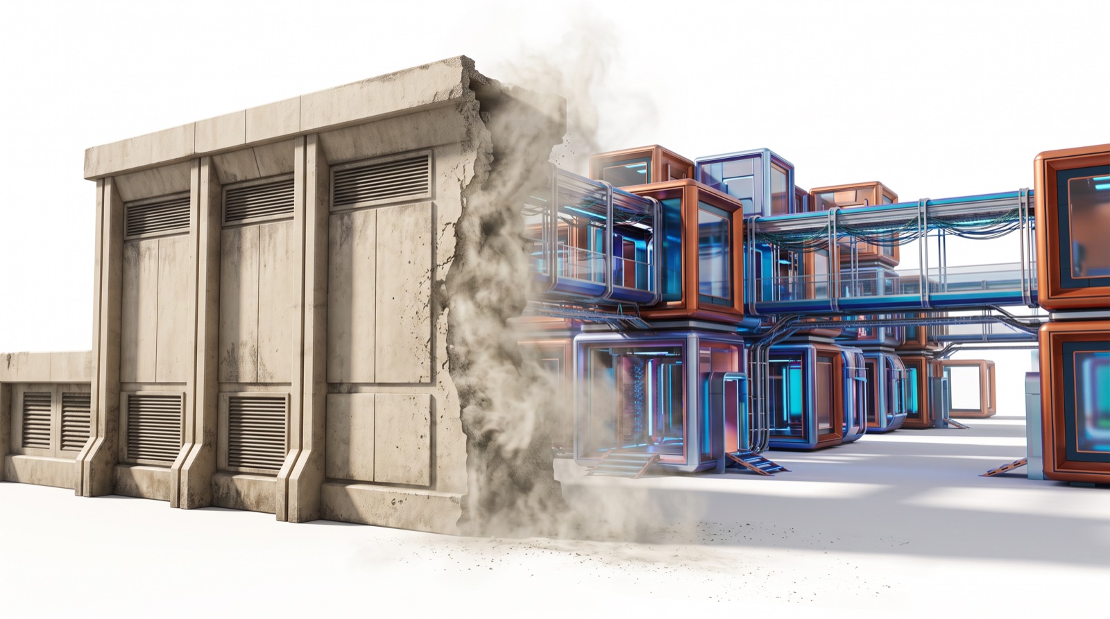 A legacy hall dissolving to reveal the modular campus behind it