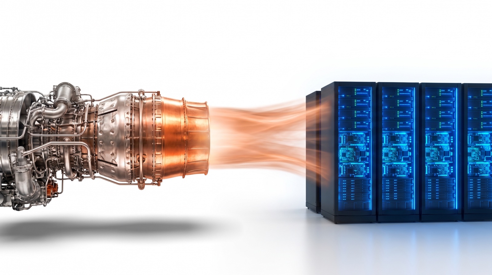 Aeroderivative gas turbine driving copper streams of power into blue AI data center racks in the 2026 bridge-power