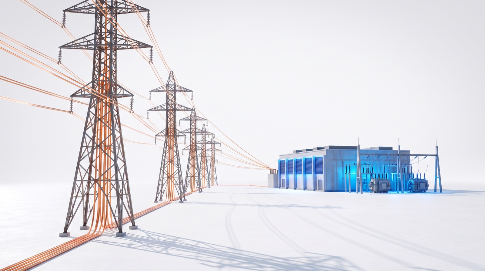 Transmission lines converging on a substation beside an AI data hall, the interconnection wait as a board-level question