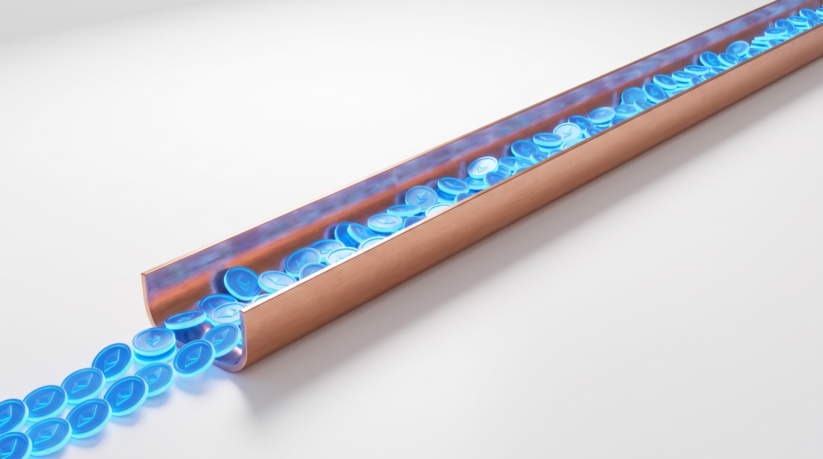 A continuous stream of blue tokens in a copper channel, inference power is continuous, not bursty