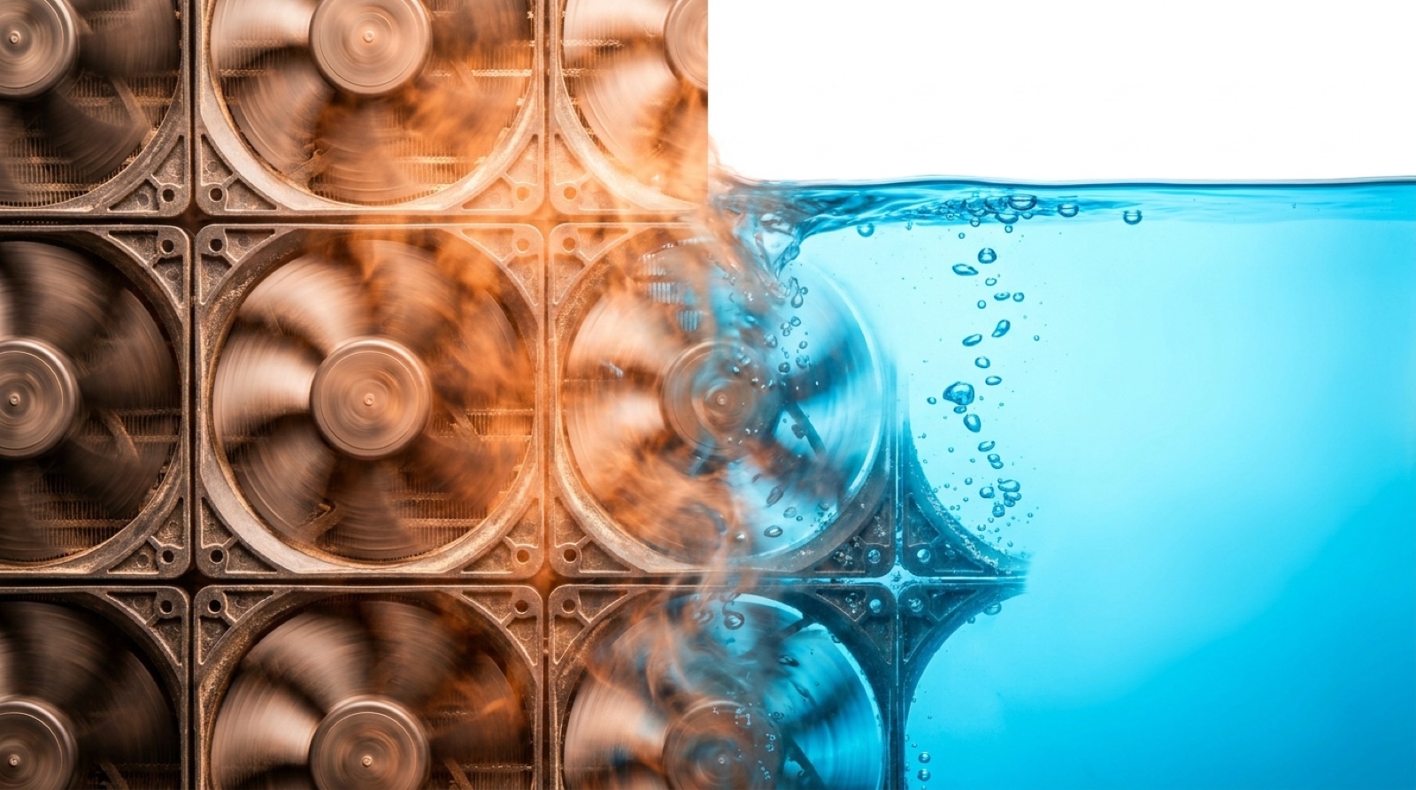 Overheated cooling fans wreathed in copper heat shimmer dissolving into calm blue liquid