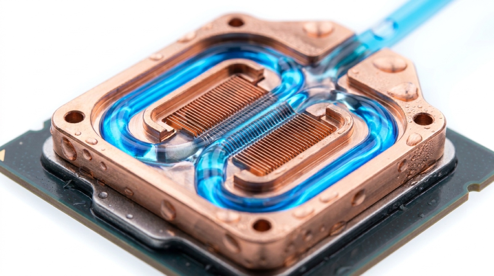 Copper direct-to-chip cold plate on a GPU with electric-blue coolant flowing through microchannels