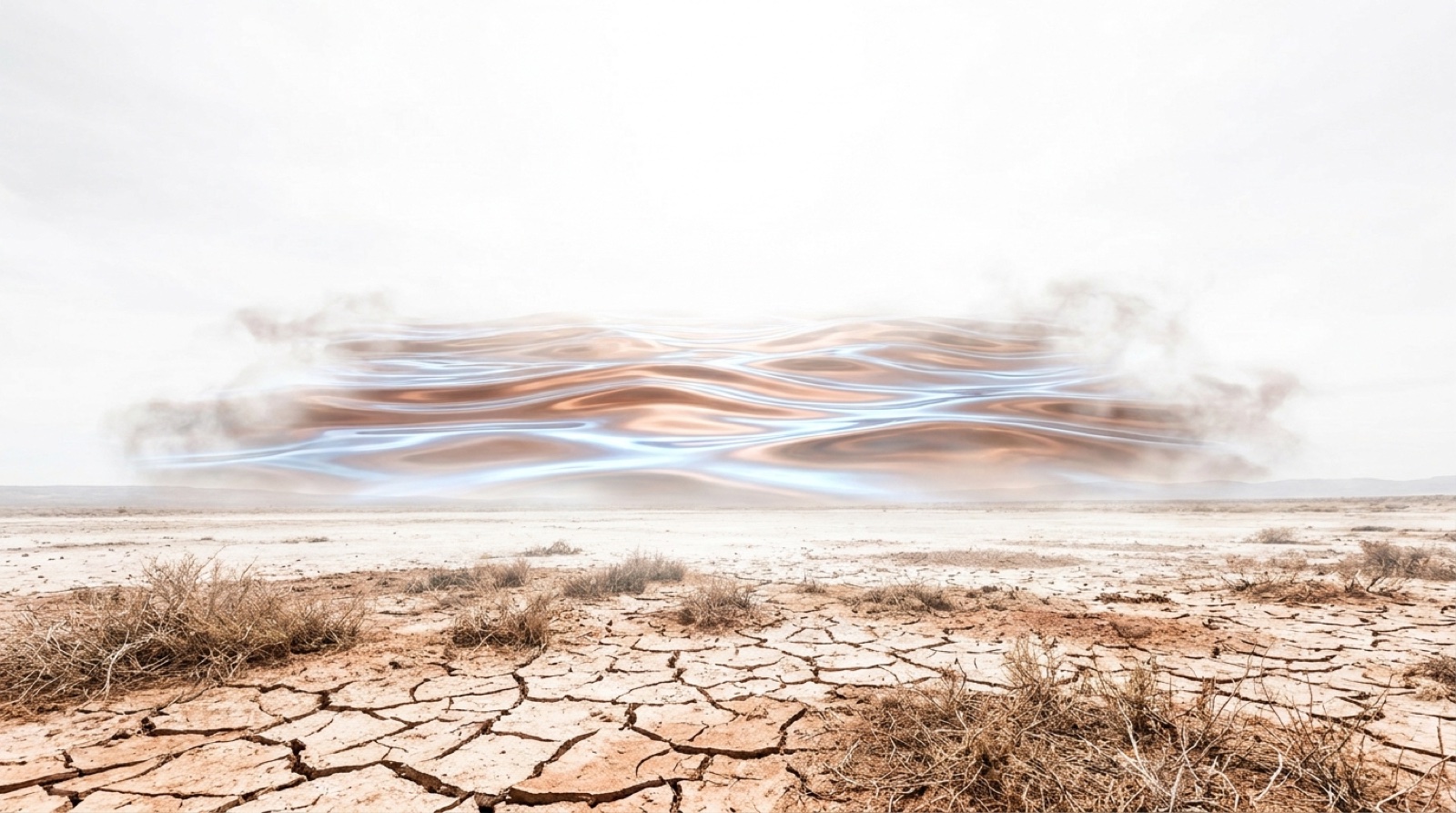 A shimmering mirage of water floating above cracked Texas earth