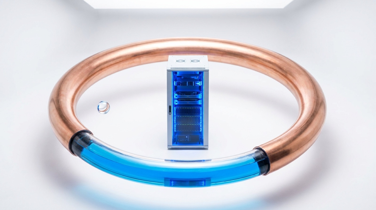 A sealed copper closed-loop cooling circuit around a blue-lit AI server cabinet