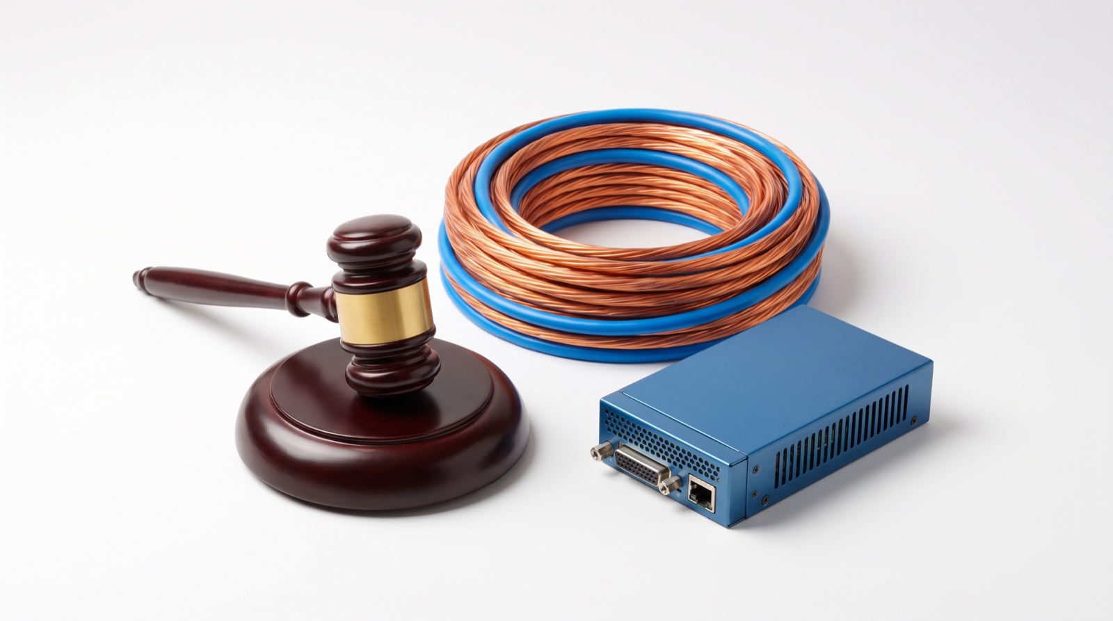 A gavel beside power cable and a server module, law meeting load