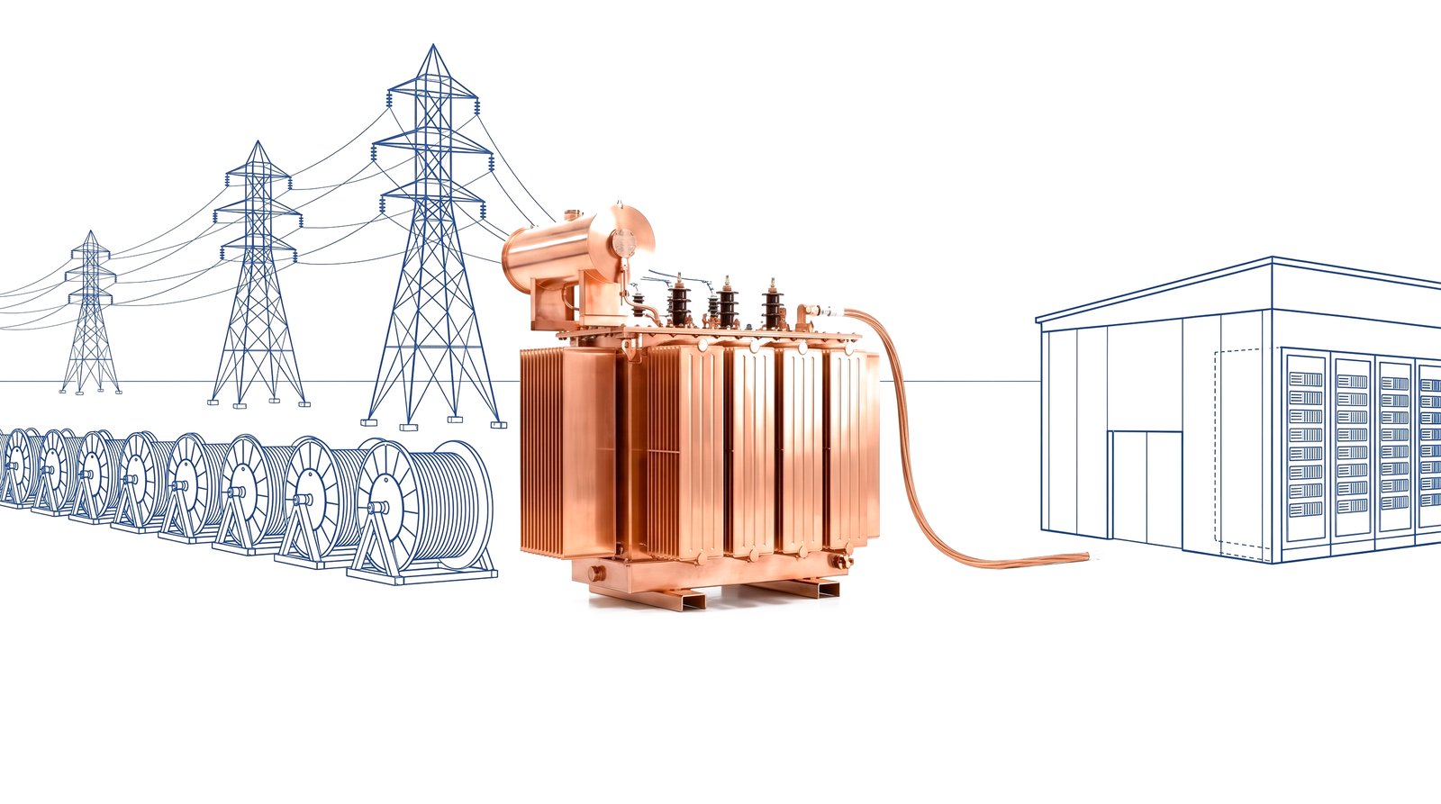 Copper transformer with blue transmission lines