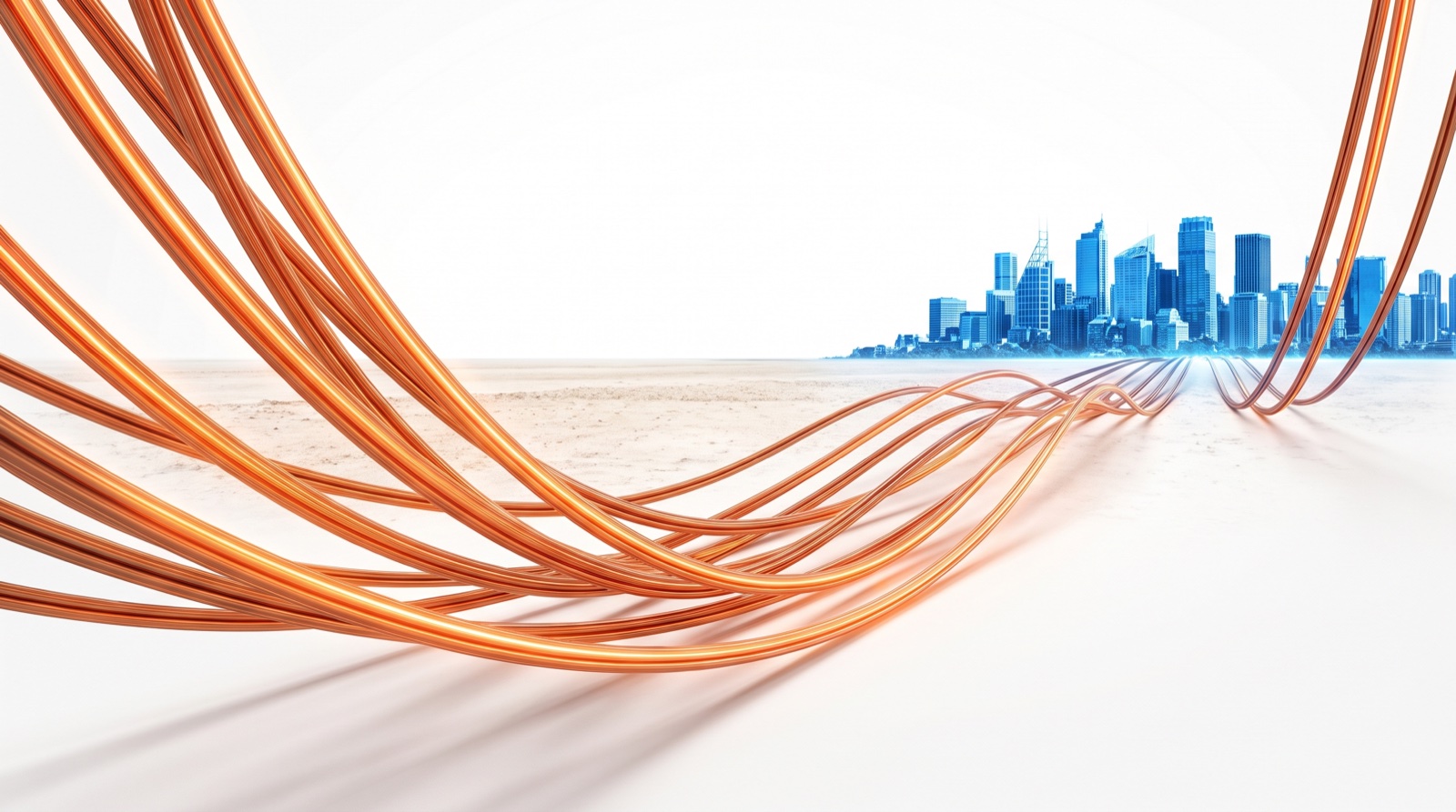 Sagging copper lines feeding a blue skyline, grid capacity defining the AI economy