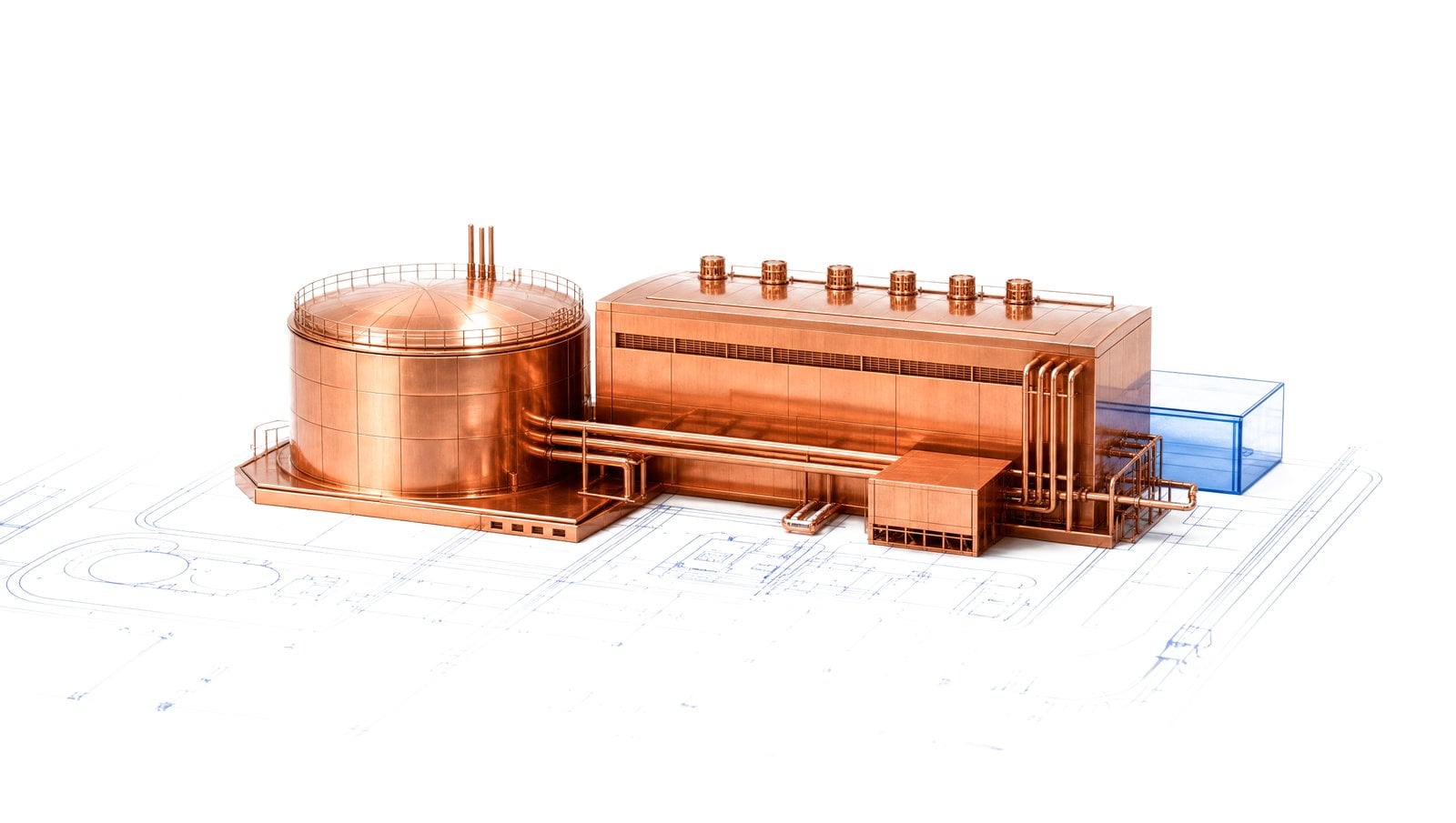 A polished copper model of a small reactor building and turbine hall on a blueprint site plan