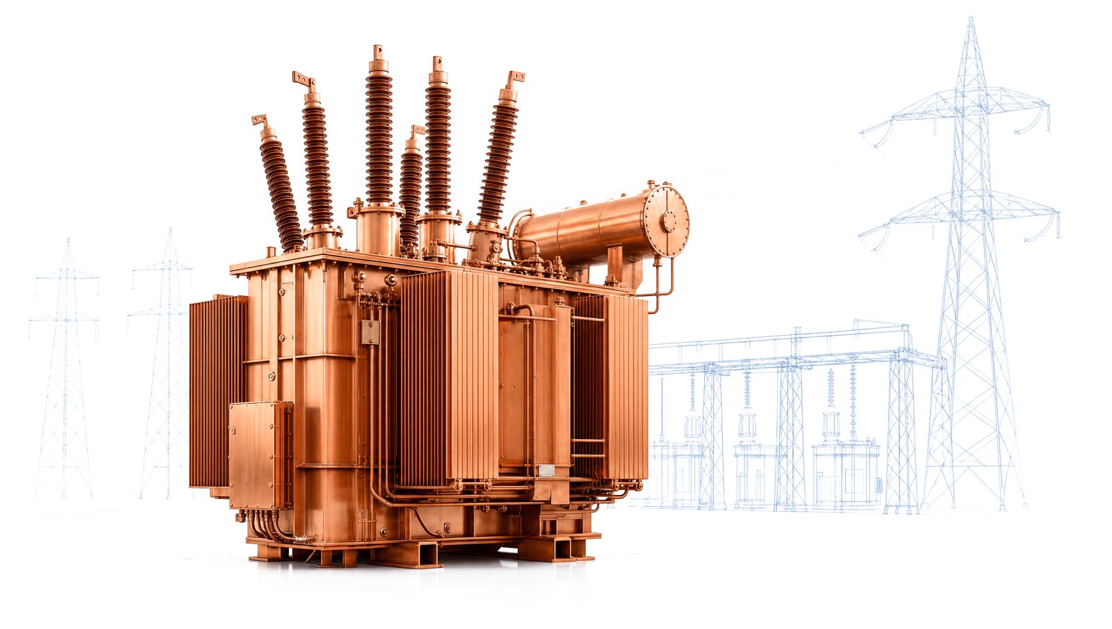 A polished copper substation transformer in front of blueprint transmission towers