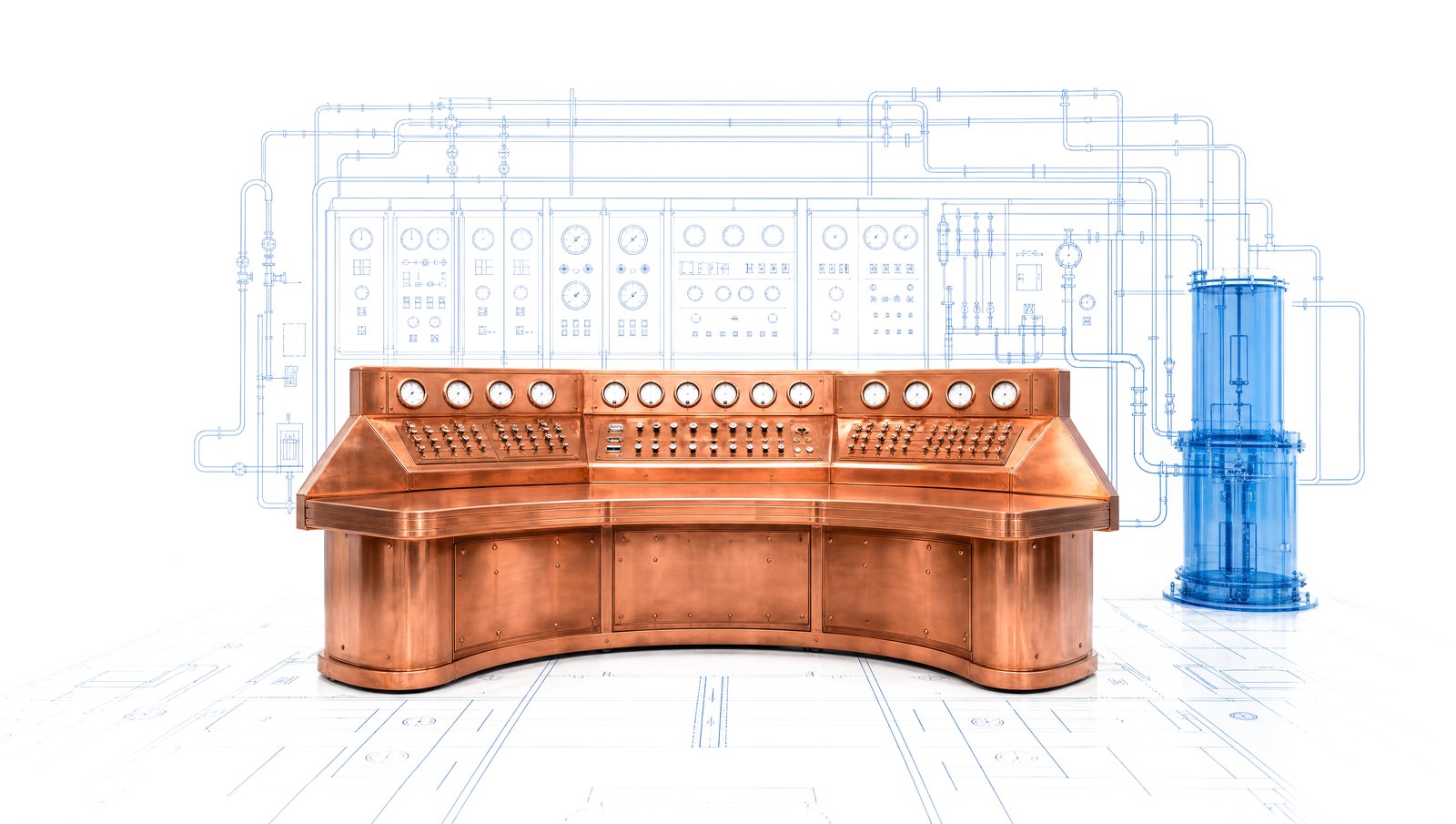 A polished copper control room console in front of blueprint instrument panels