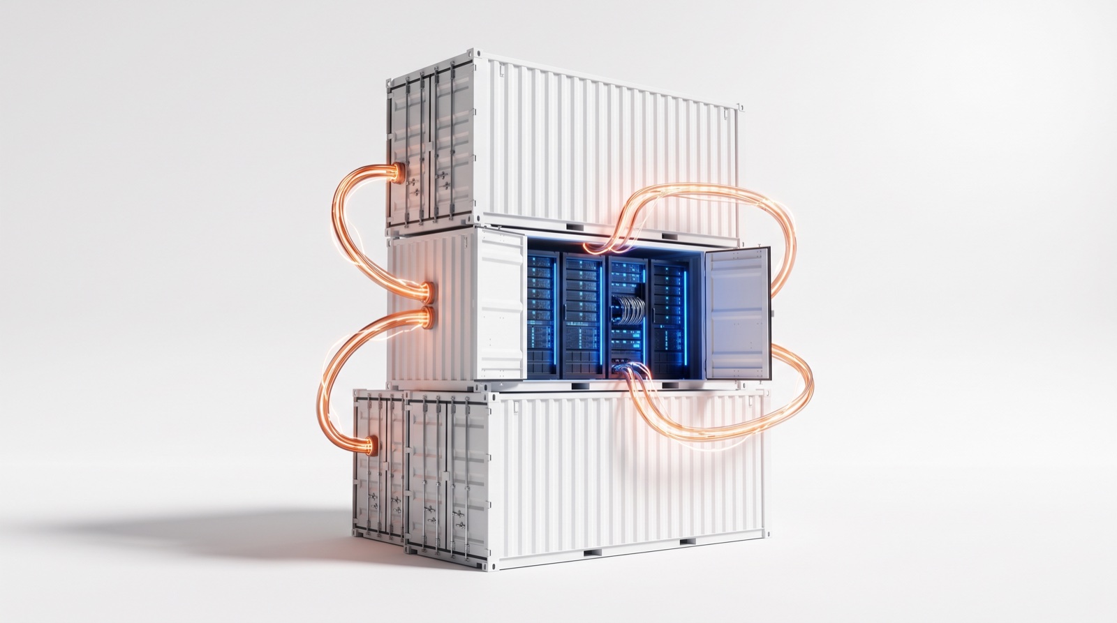Shipping containers with blue-lit racks inside, the 2026 AI data center supply chain crisis