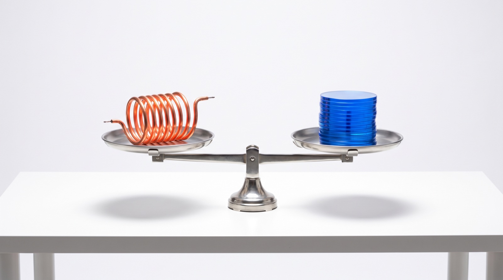 A scale balancing one copper watt against a stack of blue tokens, PUE versus TCO
