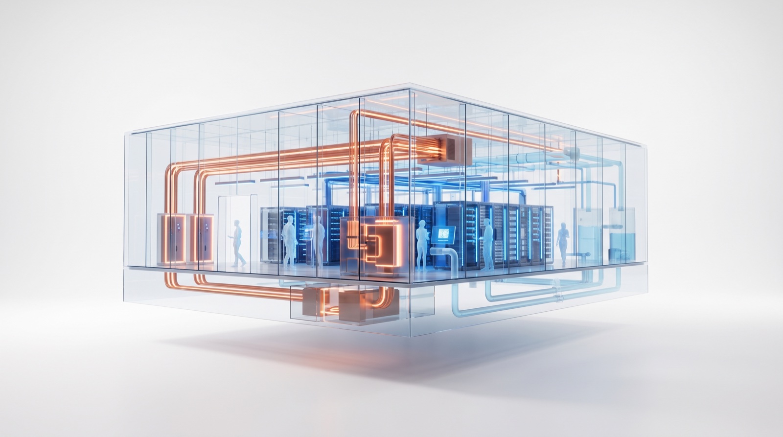 A glowing cutaway of the cost centers inside an AI facility