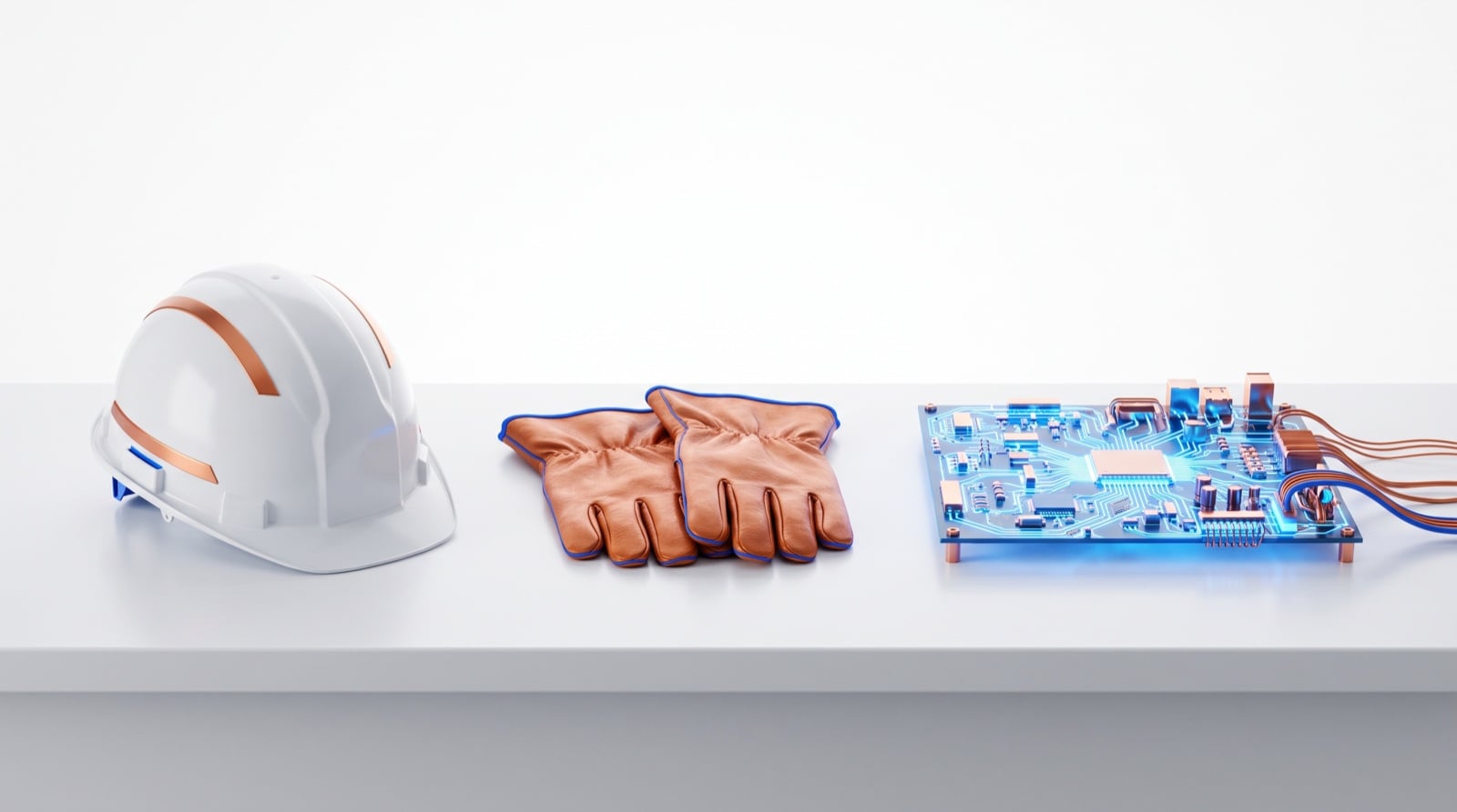 A hard hat, gloves, and a live board on one bench, engineering at the core